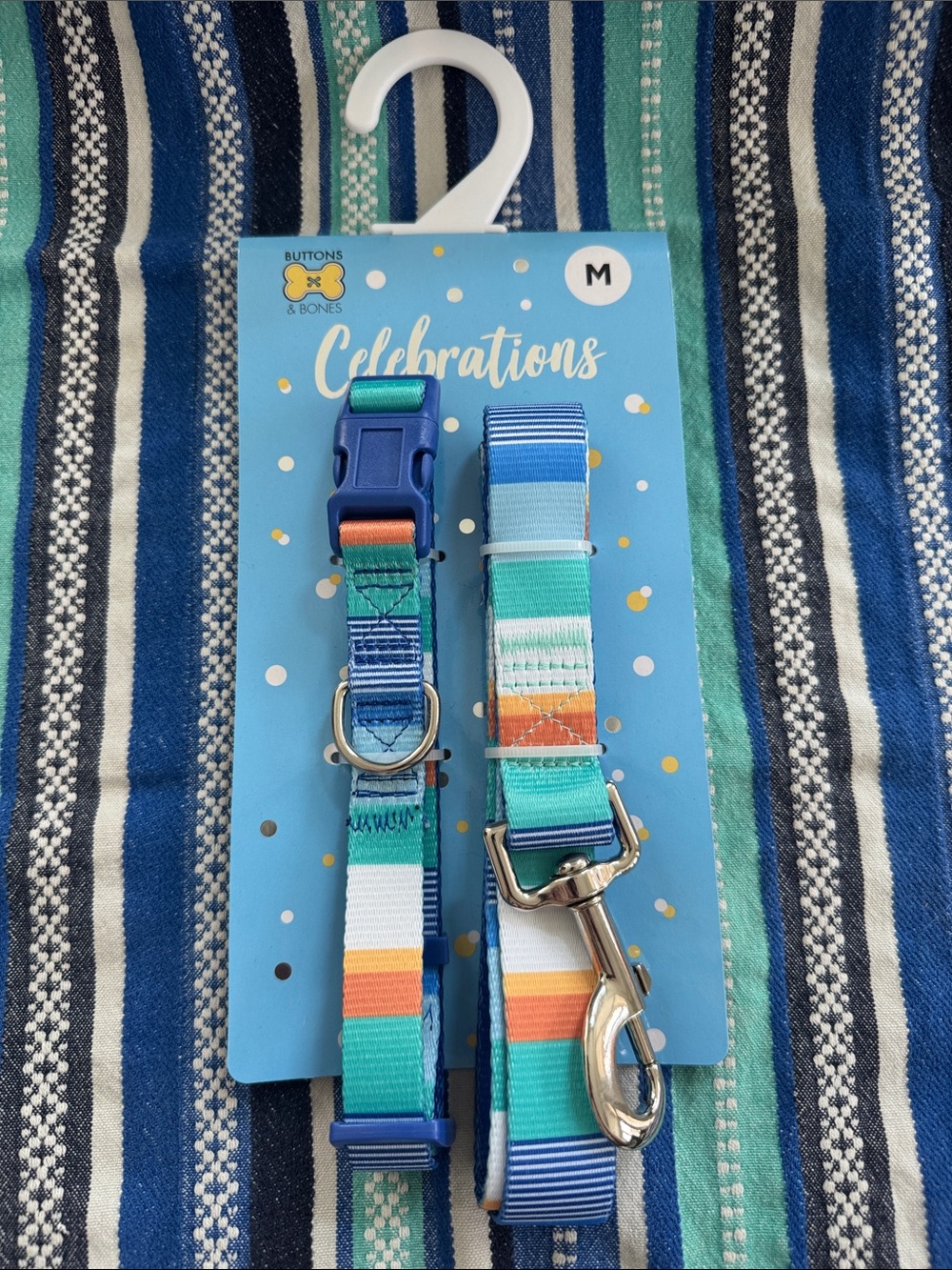 Design Lab Lord & Taylor Teal Blue Orange Striped Dog Collar & Leash Set
